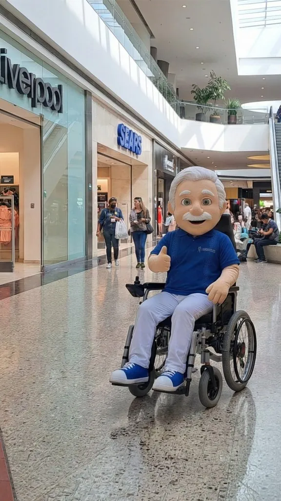 Don Anda en silla eléctrica Andafacil dentro de un plaza o mall