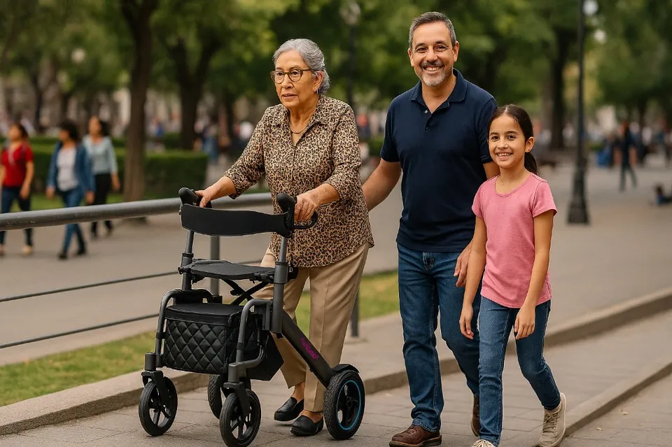 Familia paseando con andadera Andafacil en un parque