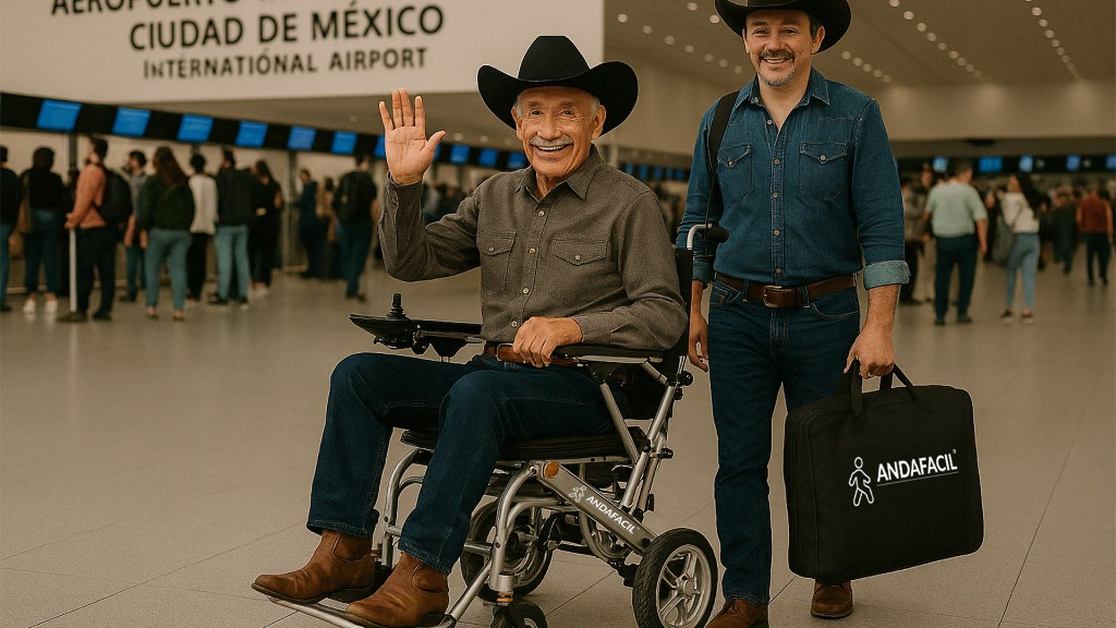 Familia viajando con silla eléctrica Andafacil en el Aeropuerto de la Ciudad de México