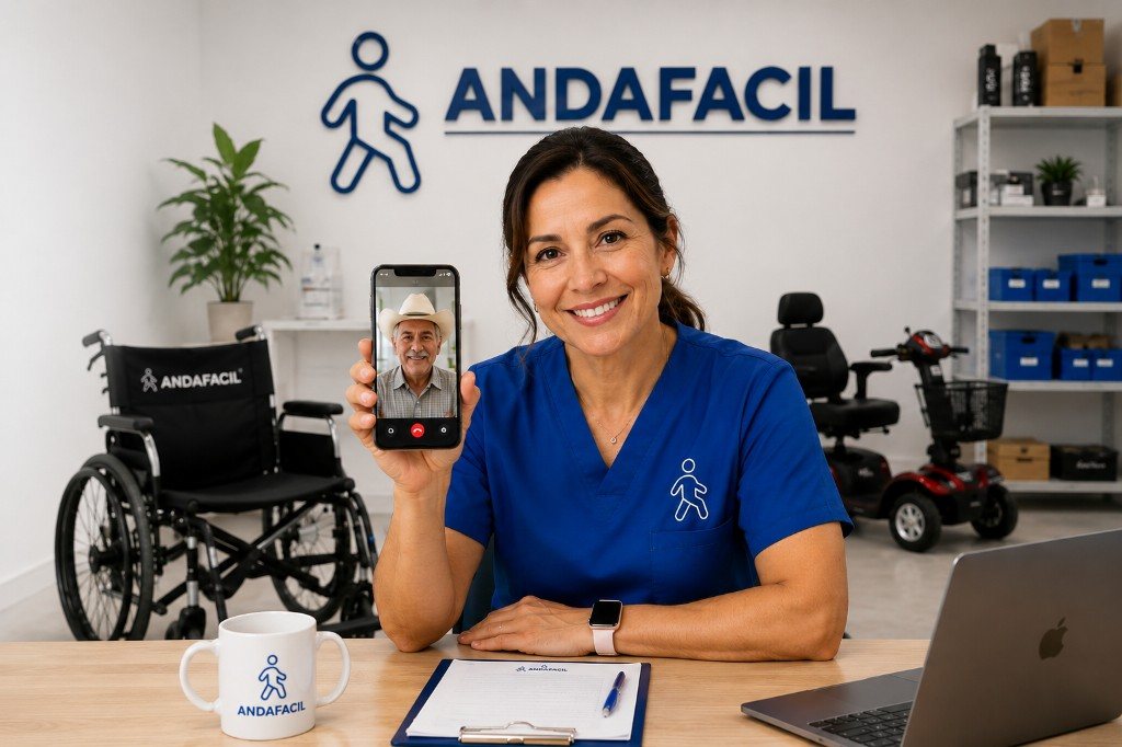 Ortopedista o fisioterapeuta aliada en videollamada de orientación sobre equipo de movilidad con un adulto mayor