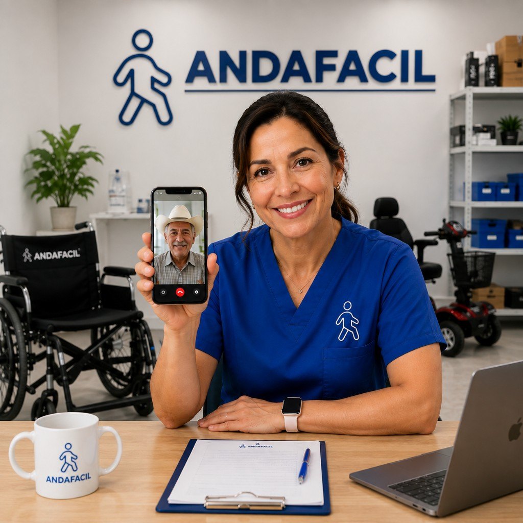 Ortopedista o fisioterapeuta aliada en videollamada de orientación sobre equipo de movilidad con un adulto mayor