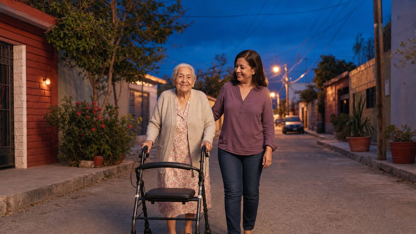 Elderly woman using a walker with seat accompanied by her daughter at night in Mexico