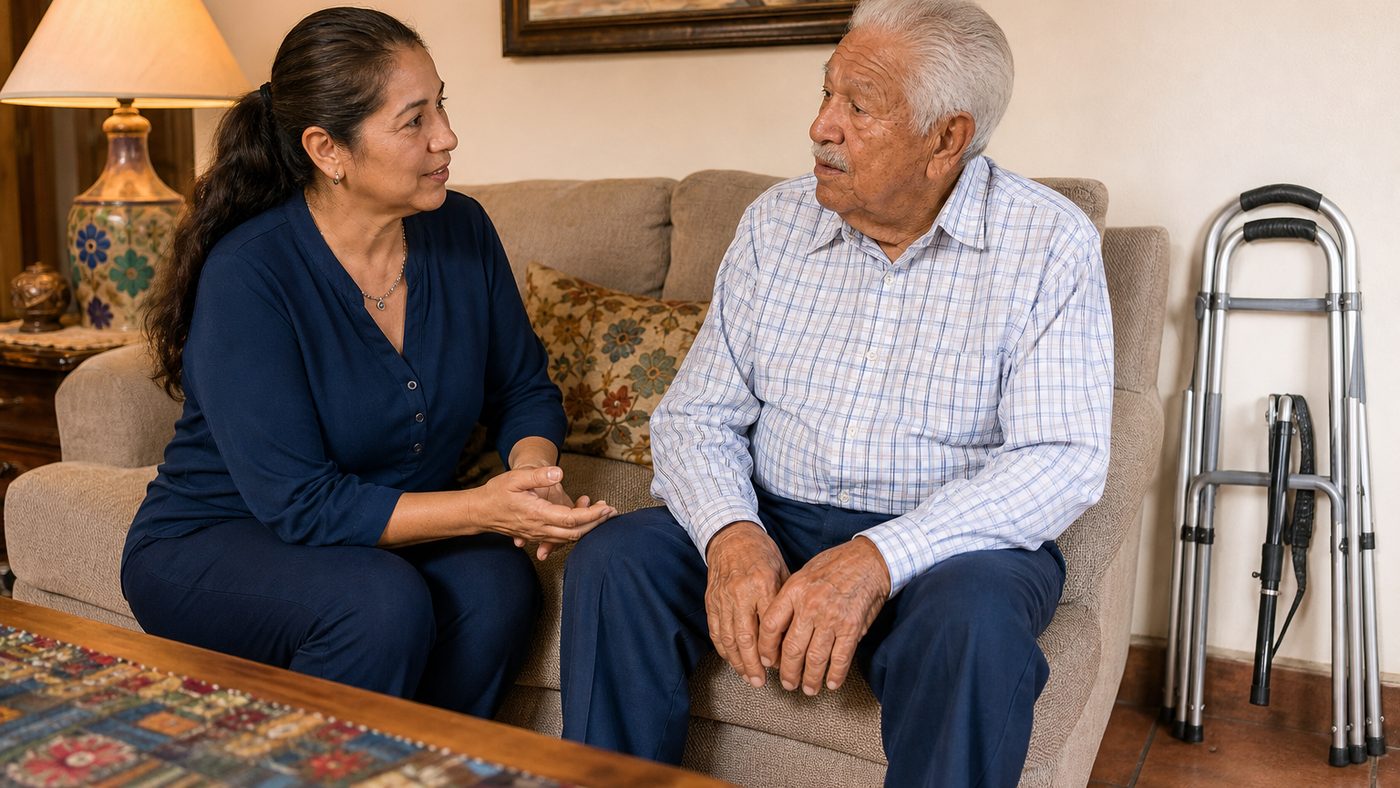 A calm conversation between a Mexican family about mobility and support for an elderly adult