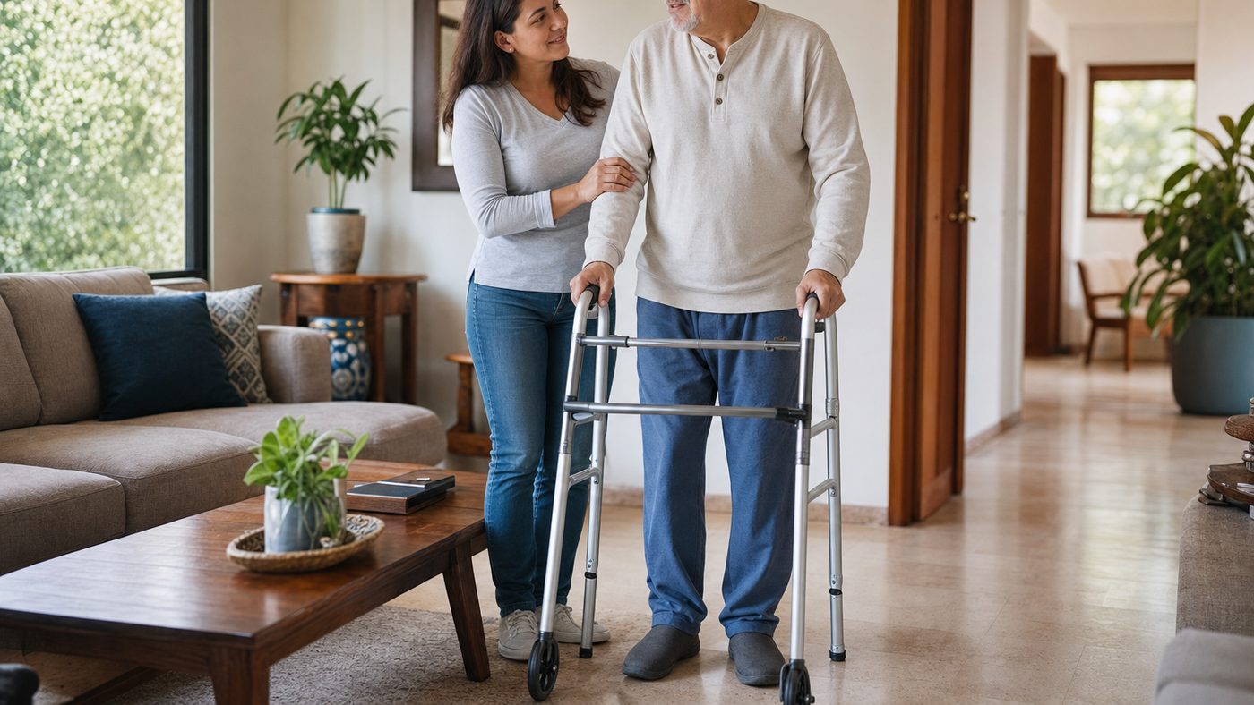 Daughter helps her father with a walker at home during postoperative recovery