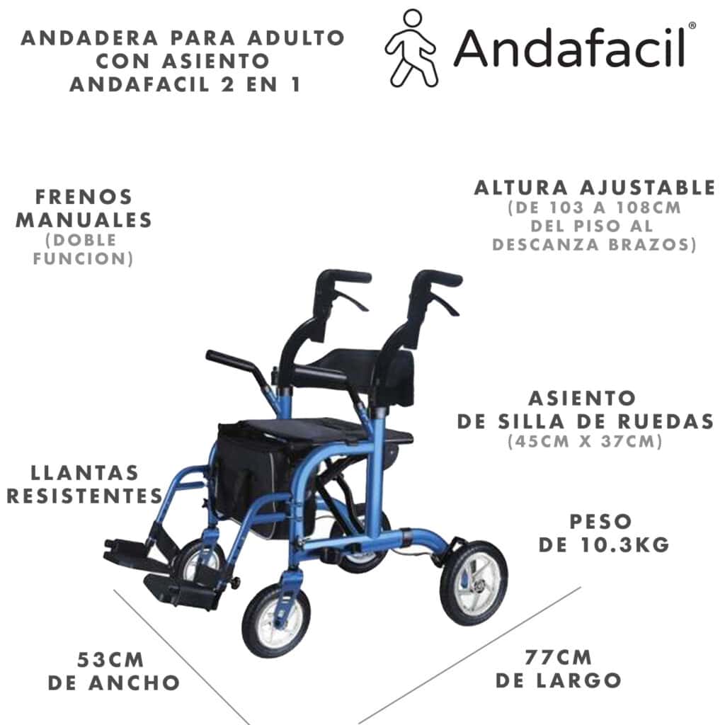 Andafacil® Andadera Para Adulto Con Asiento Y Ruedas 2 En 1 - Azul
