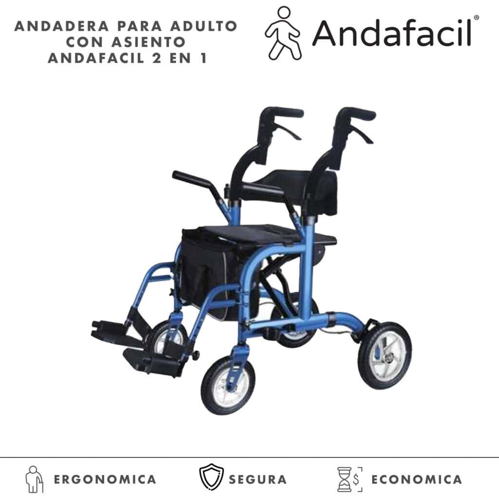 Andafacil® Andadera Para Adulto Con Asiento Y Ruedas 2 En 1 - Azul