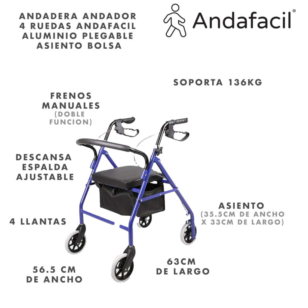 Andafacil® Andadera Andador 4 Ruedas Aluminio Plegable Asiento Bolsa