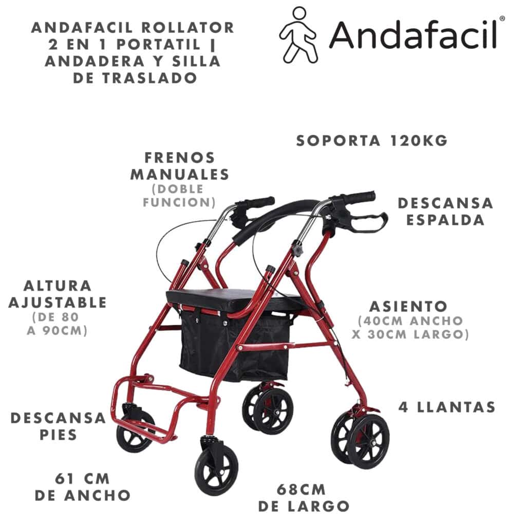 Andafacil® Rollator 2 en 1 Portatil | Andadera y Silla de Traslado