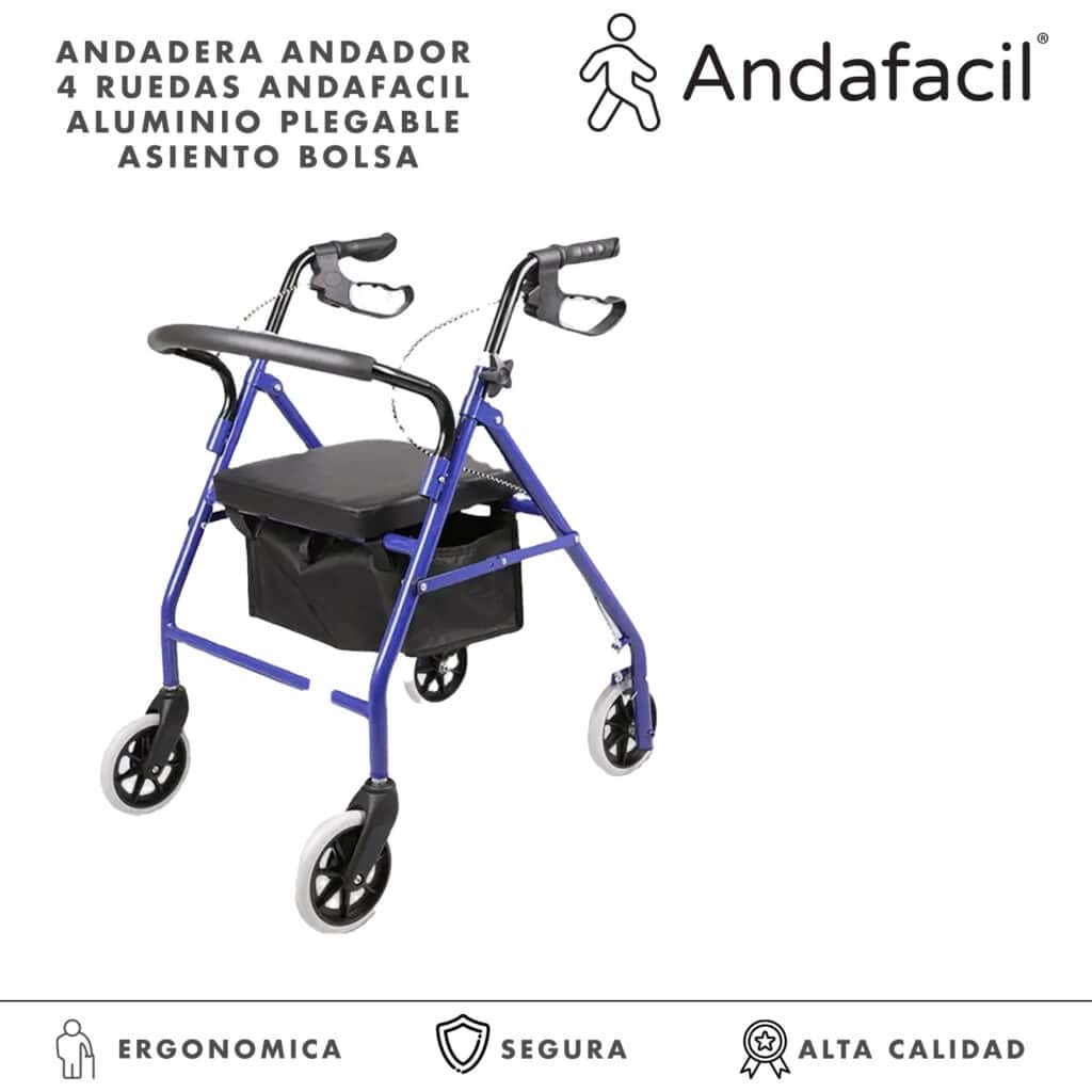 Andafacil® Andadera Andador 4 Ruedas Aluminio Plegable Asiento Bolsa