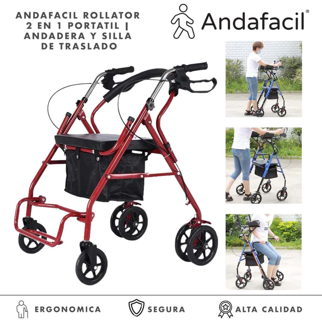 Andafacil® Rollator 2 en 1 Portatil | Andadera y Silla de Traslado