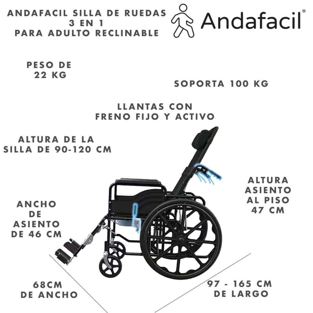 Andafacil® Silla de Ruedas 3 en 1 para Adulto Reclinable | Adultos Mayores