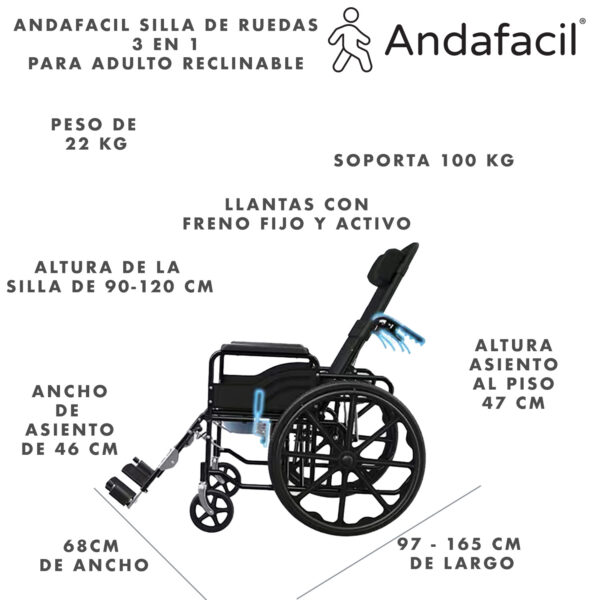 Andafacil Silla de Ruedas 3 en 1 para Adulto Reclinable