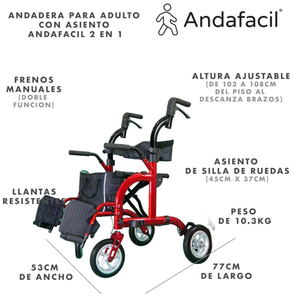 Andafacil® Andadera Para Adulto Con Asiento Y Ruedas 2 En 1 - Roja