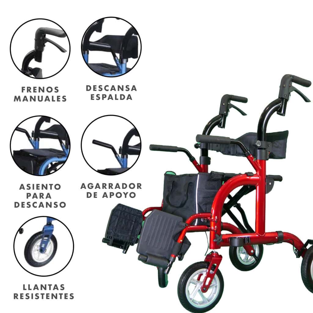 Andafacil® Andadera Para Adulto Con Asiento Y Ruedas 2 En 1 - Roja
