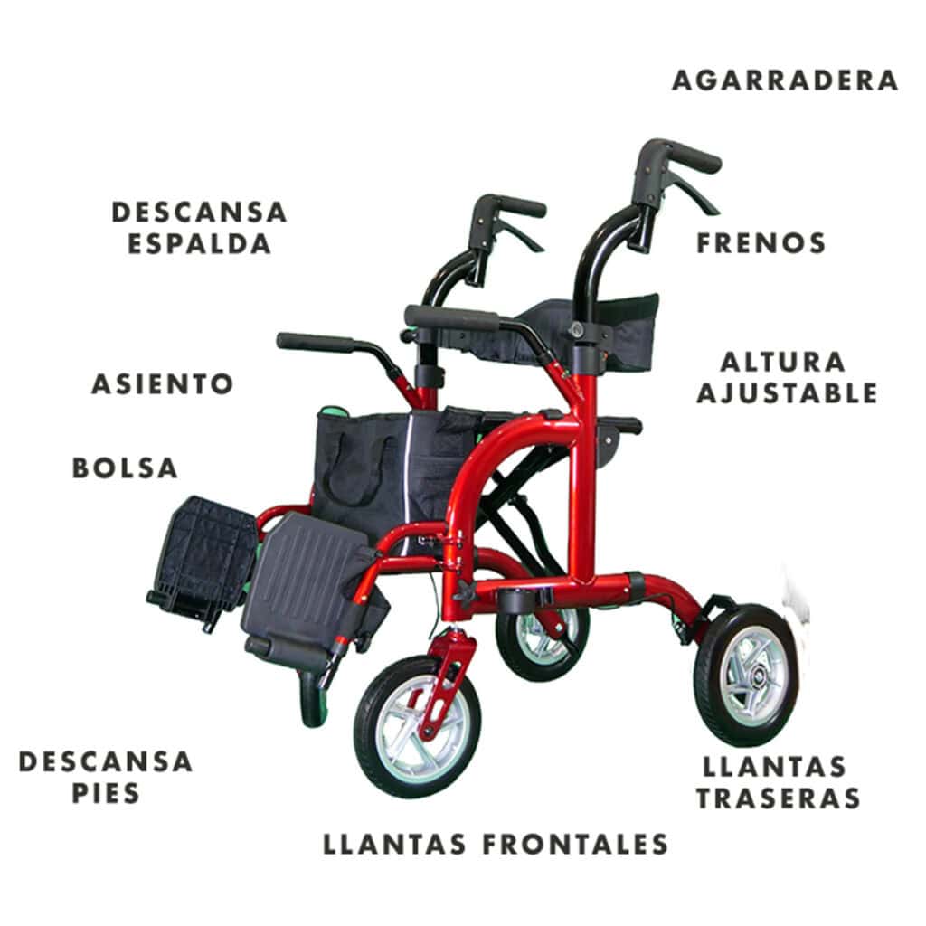 Andafacil® Andadera Para Adulto Con Asiento Y Ruedas 2 En 1 - Roja
