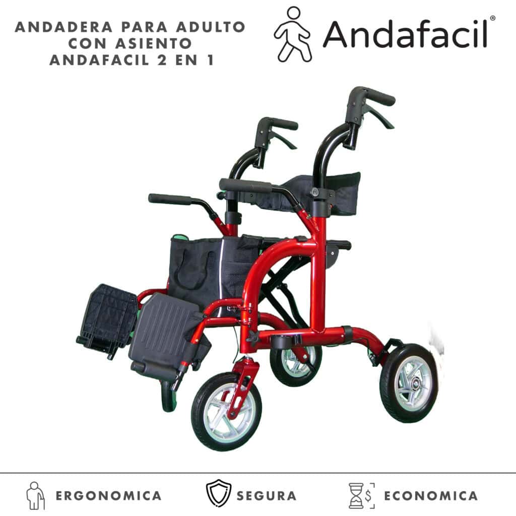 Andafacil® Andadera Para Adulto Con Asiento Y Ruedas 2 En 1 - Roja