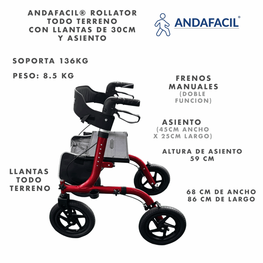 Andafacil® Rollator Todo Terreno con Llantas de 30cm y asiento | Para interiores y exteriores | Diseñado para México