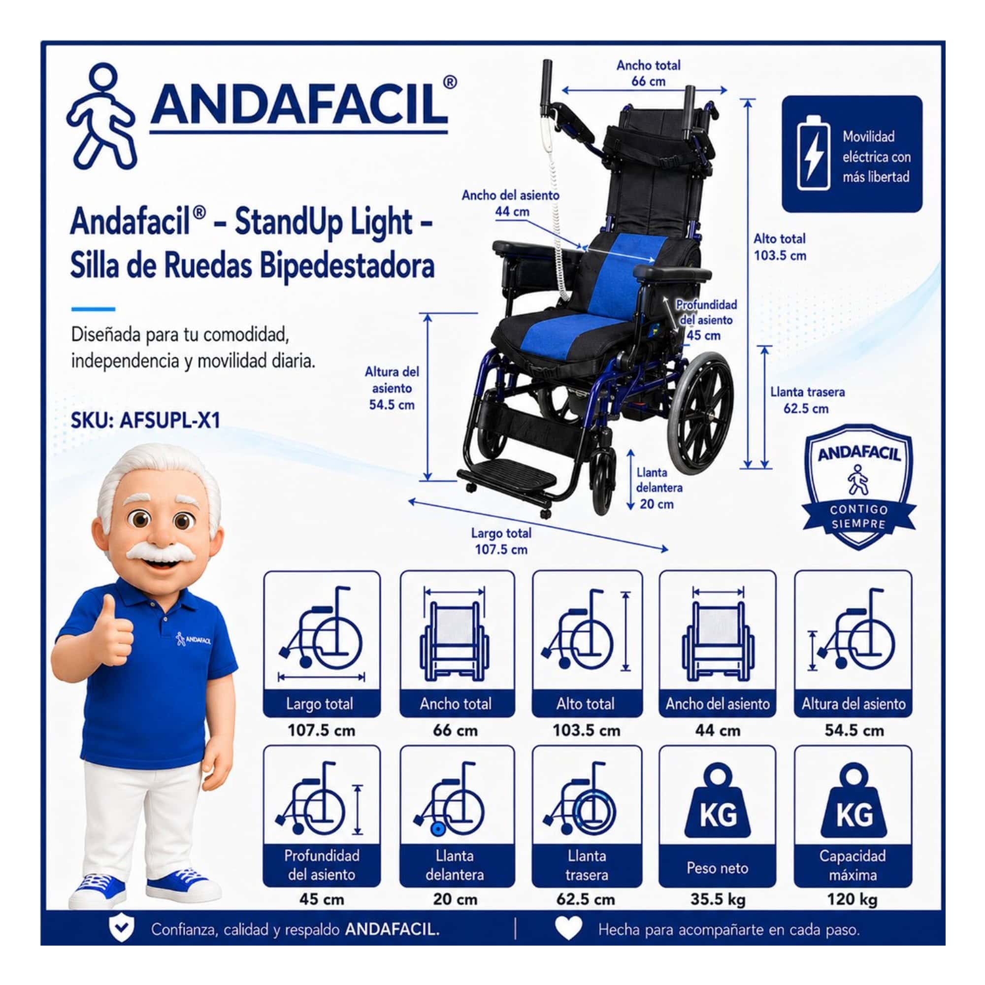 Andafacil® – StandUp Light – Silla de Ruedas Bipedestadora | Silla de Ruedas Manual con función eléctrica para pararse