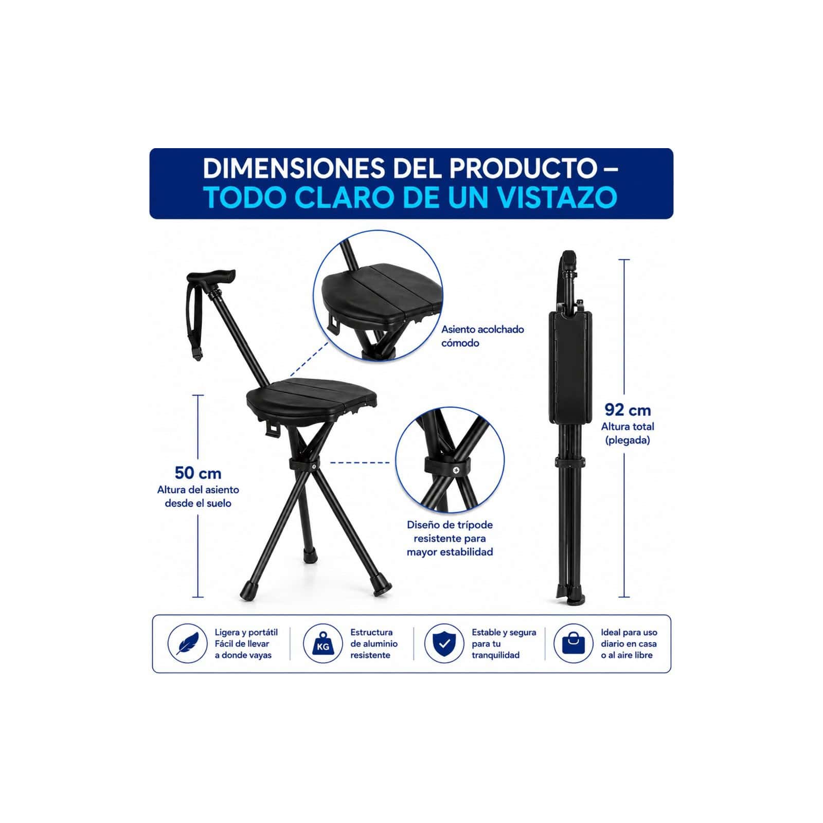 Andafacil® EasyRest – Bastón Extra Fuerte Plegable con Asiento y Luz