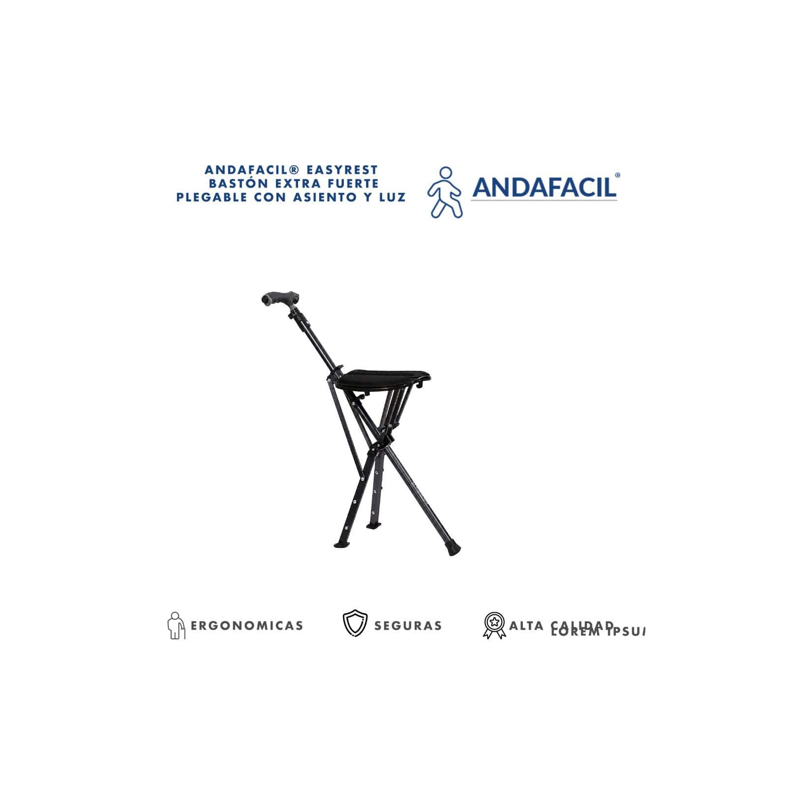Andafacil® EasyRest – Bastón Extra Fuerte Plegable con Asiento y Luz