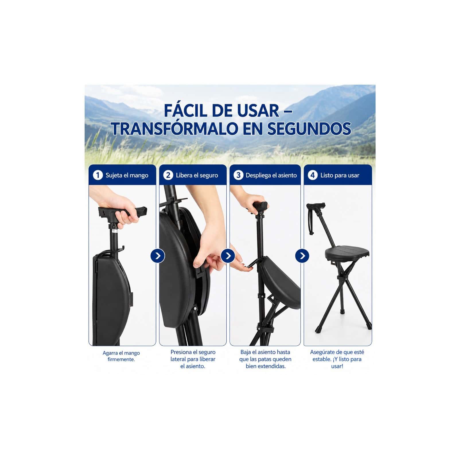 Andafacil® EasyRest – Bastón Extra Fuerte Plegable con Asiento y Luz