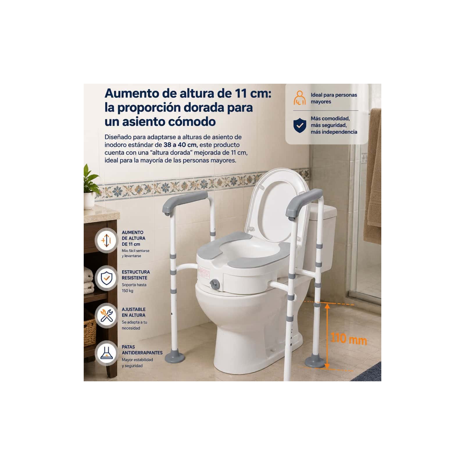 Andafacil® EasyRise – Elevador de Inodoro con Apoyabrazos Ajustable