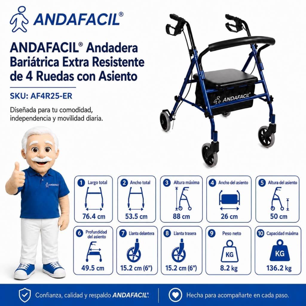 Medidas Andafacil® Andadera Bariátrica Extra Resistente hasta 136 kg