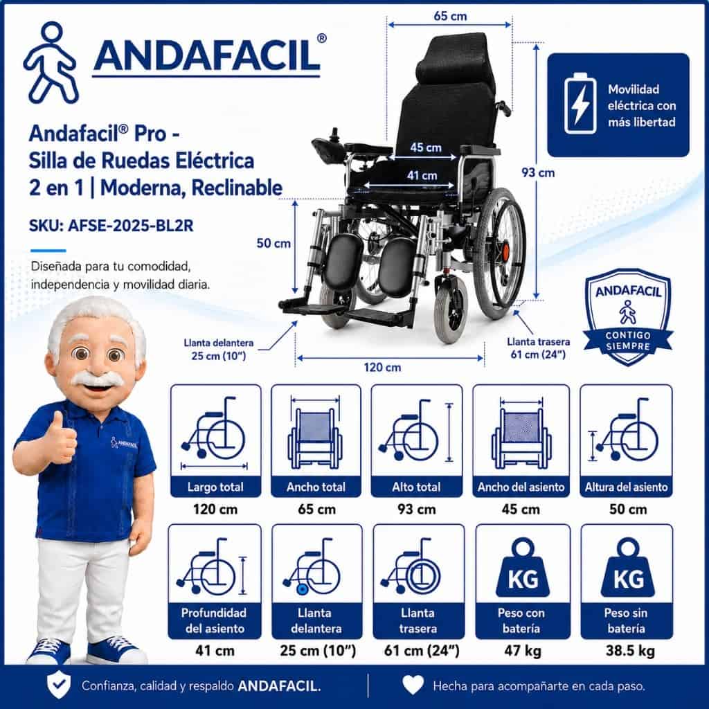 Medidas Andafacil® Pro - Silla de Ruedas Electrica | Moderna, Reclinable 2 en 1