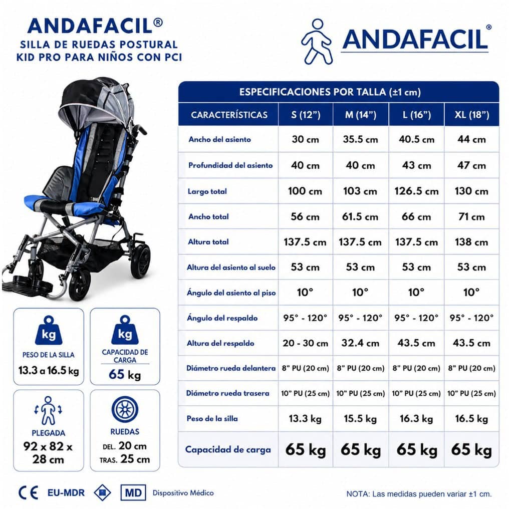 Andafacil® – Silla de Ruedas Postural Kid Pro para niños con PCI (Azul)