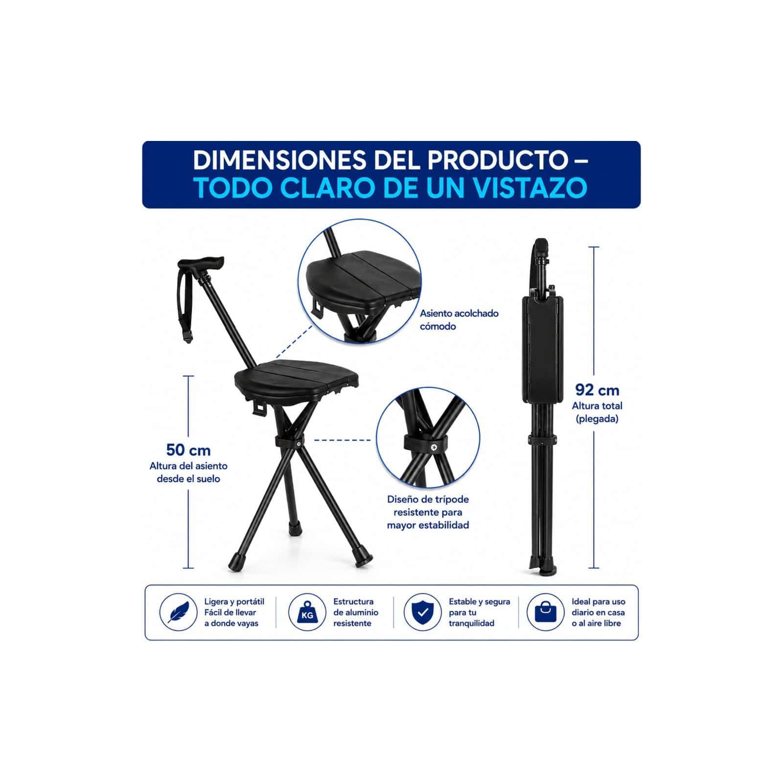 Andafacil® EasyRest – Bastón Extra Fuerte Plegable con Asiento y Luz