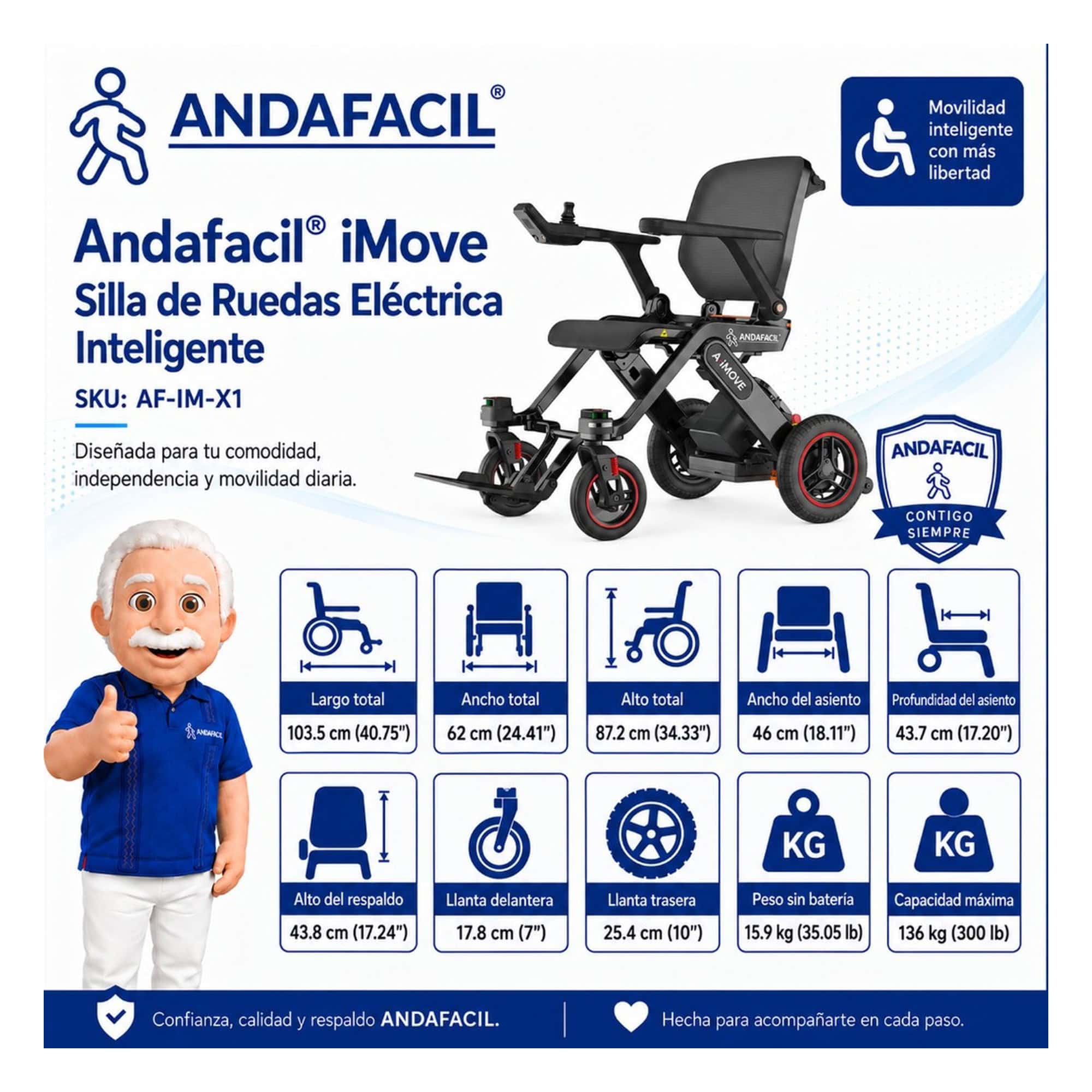 Andafacil® iMove – A·iMove – Silla de Ruedas Eléctrica Inteligente | Plegable, Asistencia LiDAR, Cámara Trasera y App