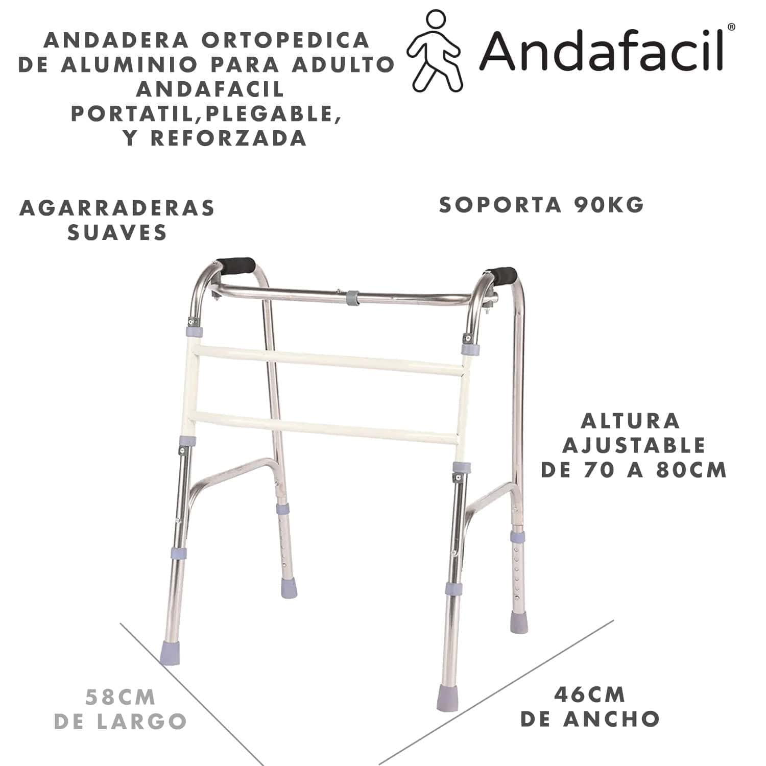 Andadera Ortopedica de Acero para Adulto Andafacil® | Portatil, Plegable, Reforzada