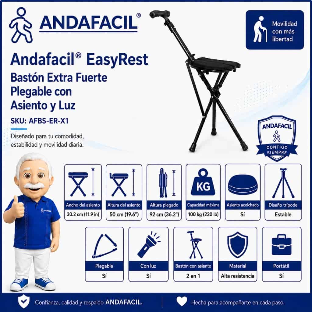 Medidas Andafacil® EasyRest – Bastón Extra Fuerte Plegable con Asiento y Luz