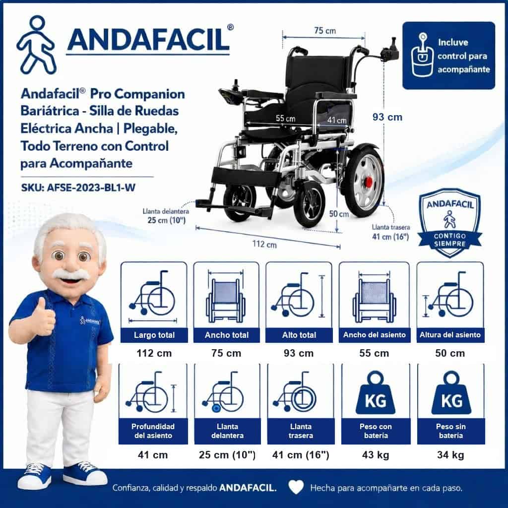 Andafacil® Pro Companion Bariatrica - Silla de Ruedas Electrica | Moderna, Plegable, Todo Terreno con Control para Acompañante