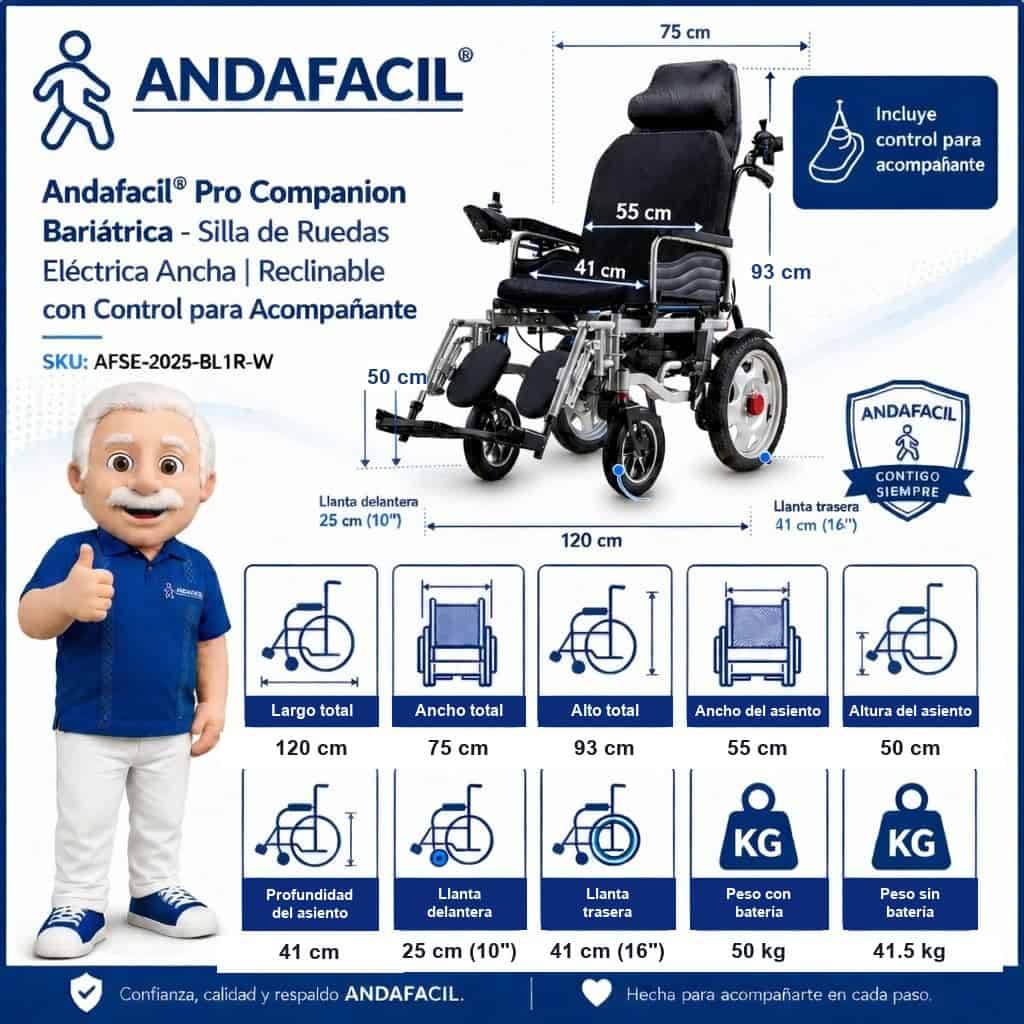 Andafacil® Pro Companion Bariatrica - Silla de Ruedas Electrica | Moderna, Plegable, Reclinable con Control para Acompañante