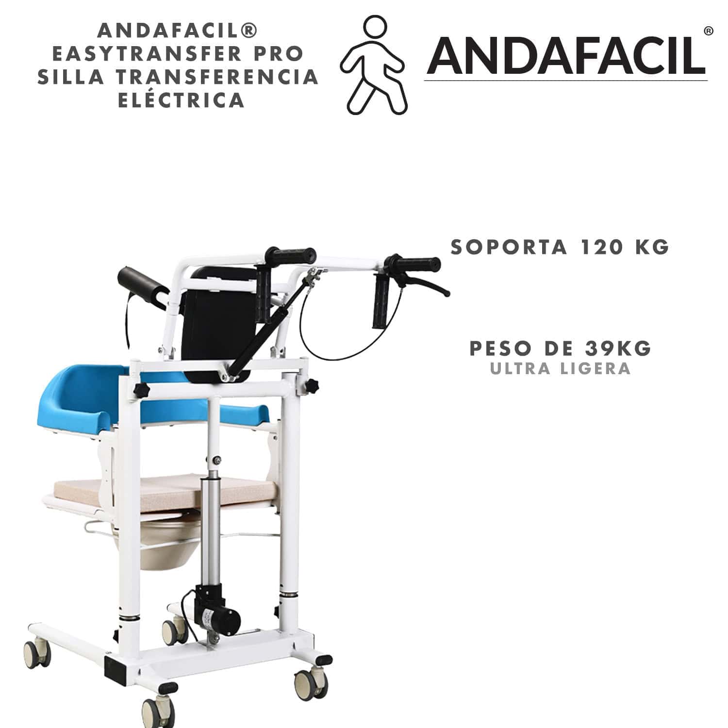 Andafacil® EasyTransfer Pro – Silla Transferencia Eléctrica | Blanca, Reclinable, 120kg