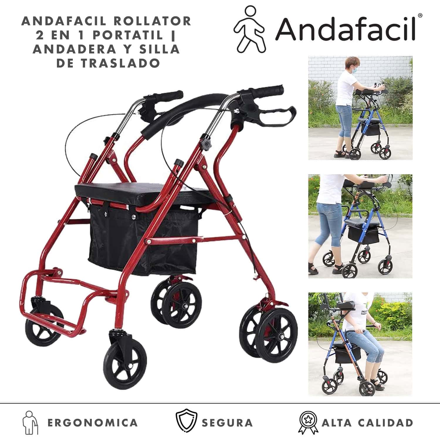 Andafacil® Rollator 2 en 1 Portatil | Andadera y Silla de Traslado